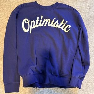 Goodfellow & Co Navy Crewneck Sweatshirt with White "Optimistic" Script